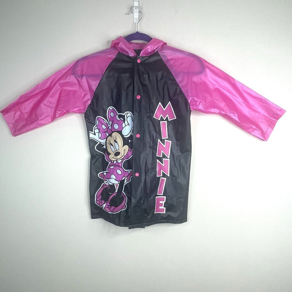 Minnie Mouse Disney Rain Jacket Girls Medium Hooded Snap‎ Front Packable Travel